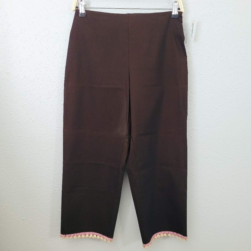 David Albow Vintage Black Cropped Pant with Embroidered Pink Trim Size 8